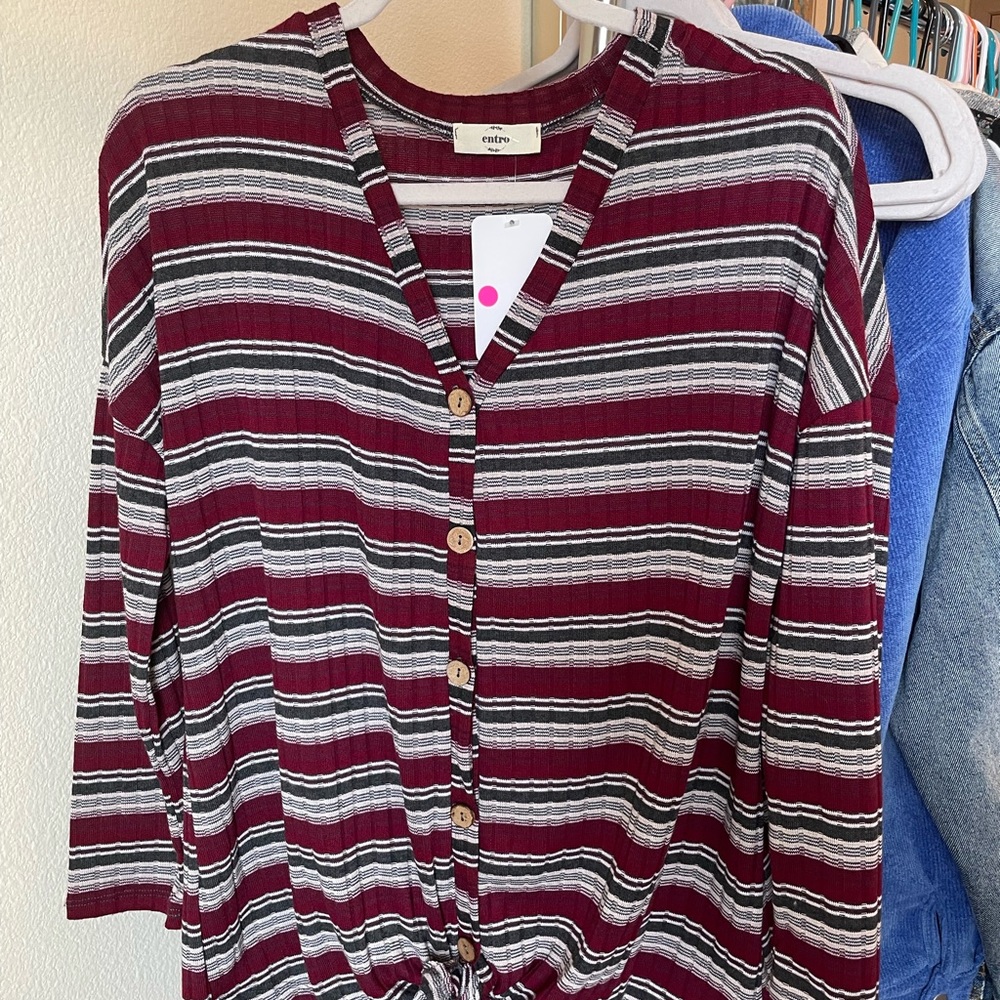 Red and green striped button-down shirt